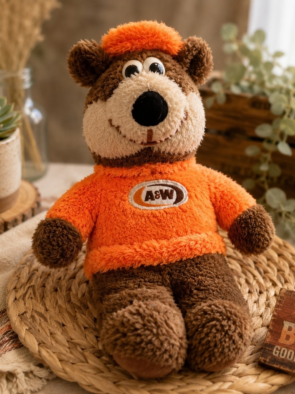 1970s A&W Root Bear Plush Bear Orange Sweater Restaurant Advertising Collectible